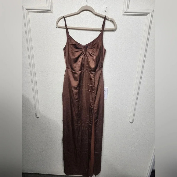 Lulus Lovely Drama Brown Satin Sleeveless A-Line Maxi Dress Wedding Party Prom - Picture 6 of 12